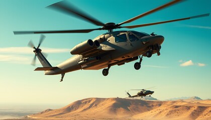Fototapeta premium Cinematic Photograph of a Heavily Armed War Helicopter Captured in Action, Perfect for Military Theme Projects and Defense Industry Presentations