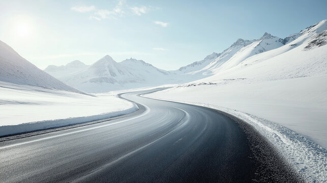 A scenic winter landscape with snow-covered mountains and a winding asphalt road leading to the horizon, symbolizing adventure on icy roads in nature