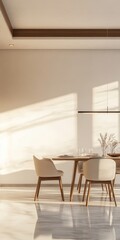 A beautifully lit modern dining room featuring minimalist design, elegant furniture, and natural light streaming through large windows.