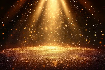 Stage light and golden glitter lights on floor. Abstract gold background for display your product. Spotlight realistic ray