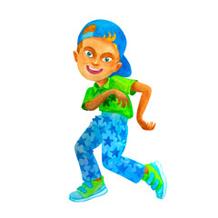 Comical preteen boy in a blue cap dancing merrily, celebrating birthday or other holiday. Party concept. Isolated watercolor hand drawn child character for design of cards, posters, t-shirt