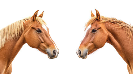 Obraz premium Two Horses With Blonde Manes Facing Each Other on a White Background Generative AI