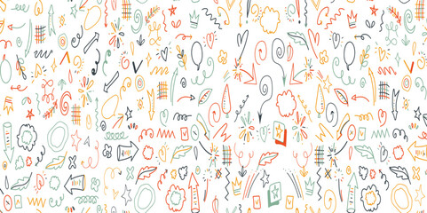 Fun colorful seamless pattern. Creative doodle abstract style art background for kids. Trendy texture design with contemporary basic shapes. 