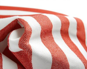 Fototapeta premium Close-up of fabric featuring bold red and white stripes, showcasing a textured, woven design with a soft, crumpled appearance.