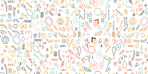 Fun colorful seamless pattern. Creative doodle abstract style art background for kids. Trendy texture design with contemporary basic shapes. 