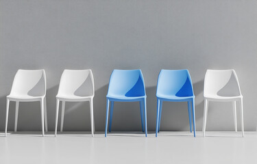 Obraz premium A blue chair stands out from the row of white chairs against a gray background