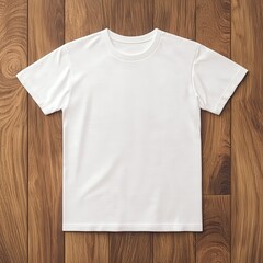 Plain white t-shirt on wooden floor, minimalistic design.