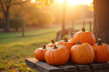 A row of bright orange pumpkins sitting on a wooden bench in a serene autumn garden setting during sunset. Ideal for fall, harvest, and Halloween-themed content...