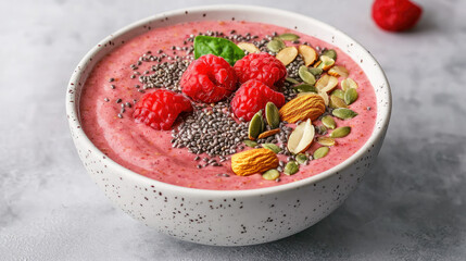Colorful smoothie bowl topped with fresh raspberries, seeds, and nuts, perfect for a healthy breakfast or snack.