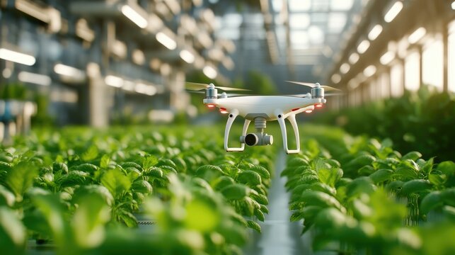 Drone Monitoring Plants in Lush Greenhouse Environment