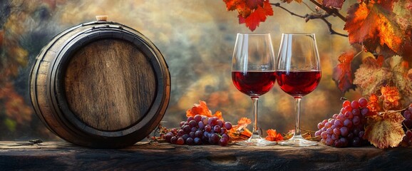 Two glasses of red wine with grapes and barrel.