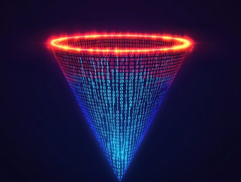 A captivating visual of a binary code cone in striking blue and red, representing digital transformation and technology innovation.