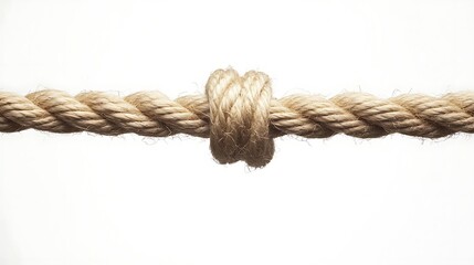 A close-up of a thick rope tied in a simple knot, against a white background. The rope is made of natural fibers and has a slightly rough texture. The knot is tight and secure.