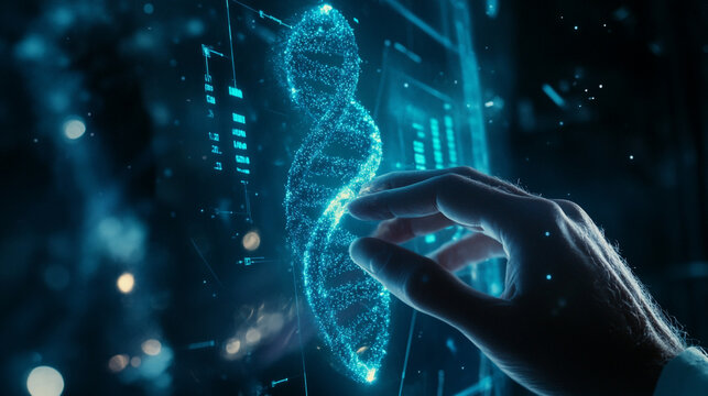 Exploring advanced technology with a digital DNA helix representation in a futuristic setting - Powered by Adobe