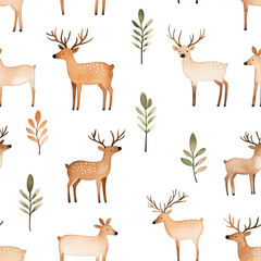 Seamless pattern Whimsical watercolor reindeer silhouettes amidst nature's delicate touch a soft and charming design for festive celebrations