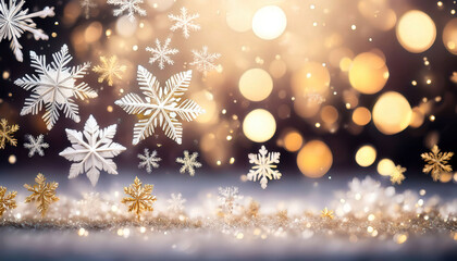 An abstract background with delicate, shimmering snowflakes in white and silver, falling against a soft, blurred backdrop, evoking a peaceful, winter atmosphere.

