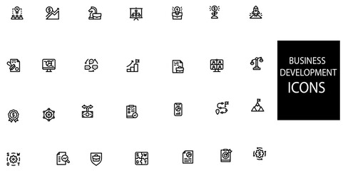 Business development concept 28 icons set.Containing manager, teamwork, strategy, marketing, business, planning, training, employee icons .Vector illustration.