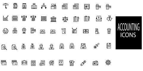 Accounting simple concept 55 icons set. Containing financial statement, accountant, financial audit, invoice, tax calculator, business firm, tax return.Vector illustration.