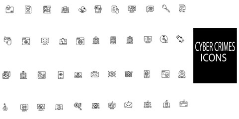 Set of 20 outline Cyber crimes.Data protection symbol. Secured network icon collection.Vector illustration.