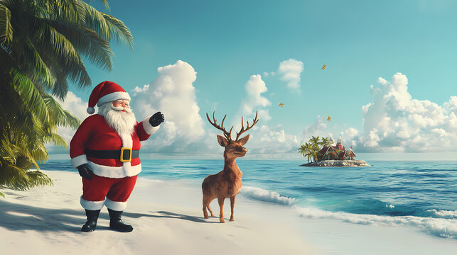 Santa and rudolf christmas on a tropical island. Tropical Island Shoreline. Illustration