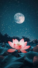 Pink Lotus flowers under the full moon,Full moon in midnight,beautiful night sky in the countryside with the perfect moon exudes beauty in the dark,Banner for Mid Autumn Festival.
