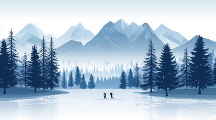 Fototapeta premium Ice skating on a frozen lake, surrounded by snowdusted mountains, bright festive atmosphere