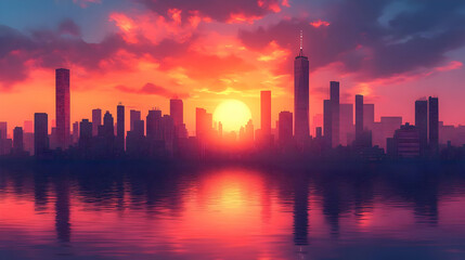 Fototapeta premium Cityscape Illustration at Sunset with Water Reflection