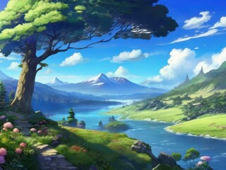 Idyllic landscape with a tree by the lake and majestic mountains on the horizon