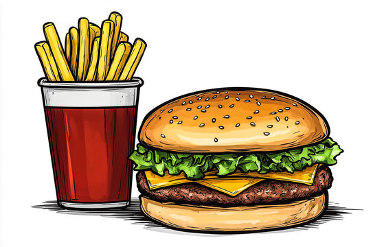 burger, fries, drink, food, comic style