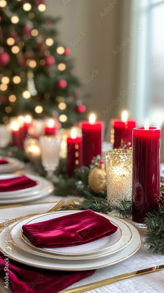Poster a table is set for a christmas dinner with a red tablecloth and white plates
