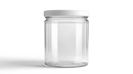 A clear glass jar with a white lid. 