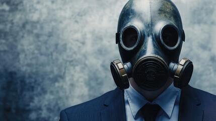 Businessman wearing a gas mask symbolizing the risks and dangers in the business environment