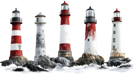 Collection of Five Colorful Lighthouses by the Seashore Generative AI