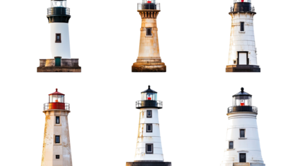 Six Unique Lighthouses on a Transparent Background Generative AI