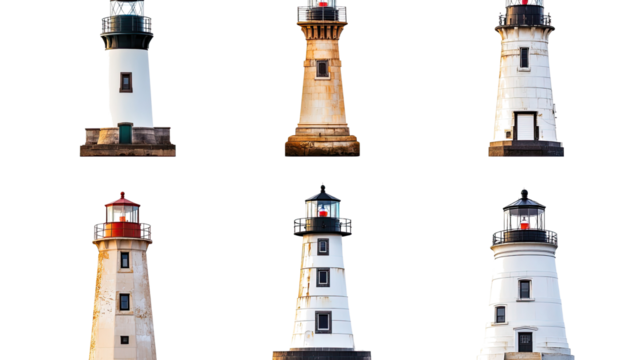 Six Unique Lighthouses on a Transparent Background Generative AI
