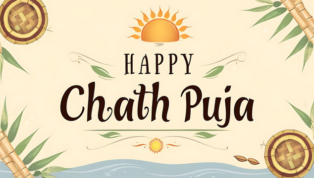 "Happy Chath Puja" written in an elegant, traditional style with soft earthy tones, surrounded by subtle motifs of the Sun, bamboo baskets, and riverside elements, symbolizing the simplicity and devo