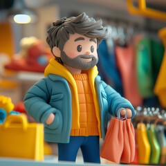 Obraz premium A man in a blue jacket and orange sweater is holding a shopping bag. He is smiling and he is enjoying his shopping experience