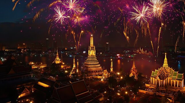 Stunning Nighttime Fireworks Over Wat Arun Temple in Bangkok, Thailand Illuminating the Chao Phraya River with Vibrant Colors and Reflections