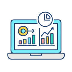 Laptop analytics icon displaying graphs and data

