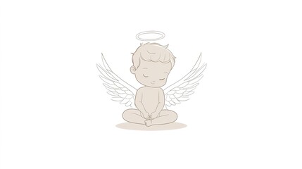 A cherubic baby angel in a simple style is depicted sitting gracefully, adorned with delicate wings and a radiant halo. This minimalist vector illustration captures the innocence and purity