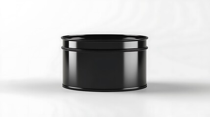 A black, round, cylindrical container stands on a white surface.