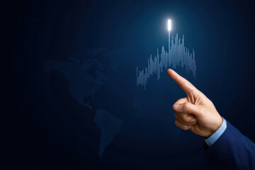 Hand pointing towards a rising graph on a dark background, symbolizing growth and success.