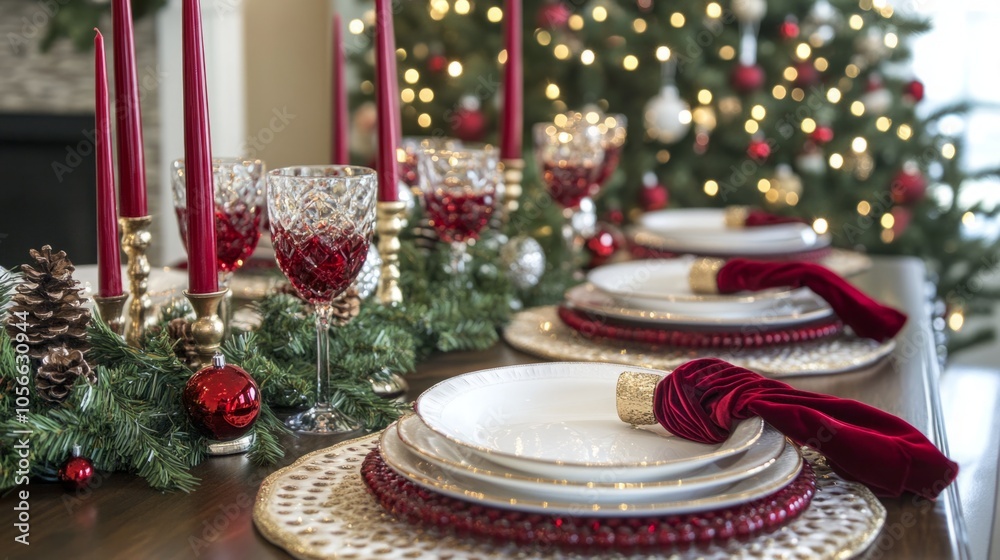 Poster a table with a red tablecloth and white plates and napkins
