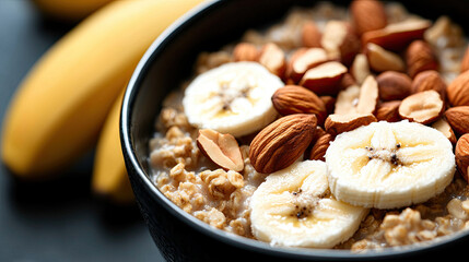 Obraz premium A nutritious bowl of oatmeal topped with banana slices and almonds, perfect for a healthy breakfast.