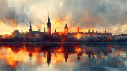Obraz premium Cityscape Painting with Water Reflection