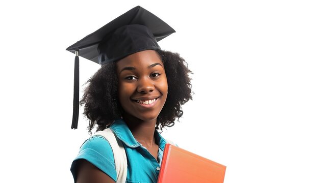 Female Student in Front of White Background - a clean and professional visual. The white background emphasizes the student's attire and expression, creating an engaging and relatable scene.