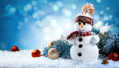 Obraz premium A cheerful Christmas background featuring a snowman wearing a colorful scarf and a top hat, with snowy surroundings and festive decorations. The scene is perfect for a holiday postcard, evoking warmth