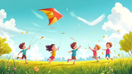 children playing with kite in field