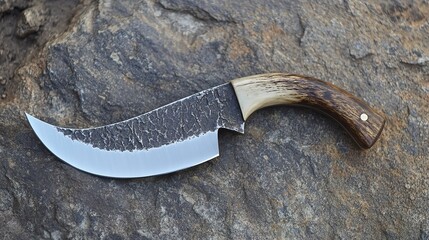 A curved knife is elegantly tilted at a 45-degree angle, showcasing its sleek and sharp design. The knife features a polished blade that reflects light, highlighting its craftsmanship. 