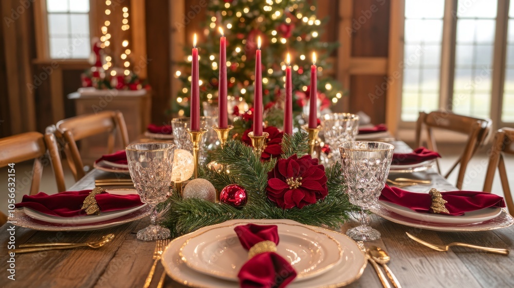 Poster a table with a christmas tree and candles on it